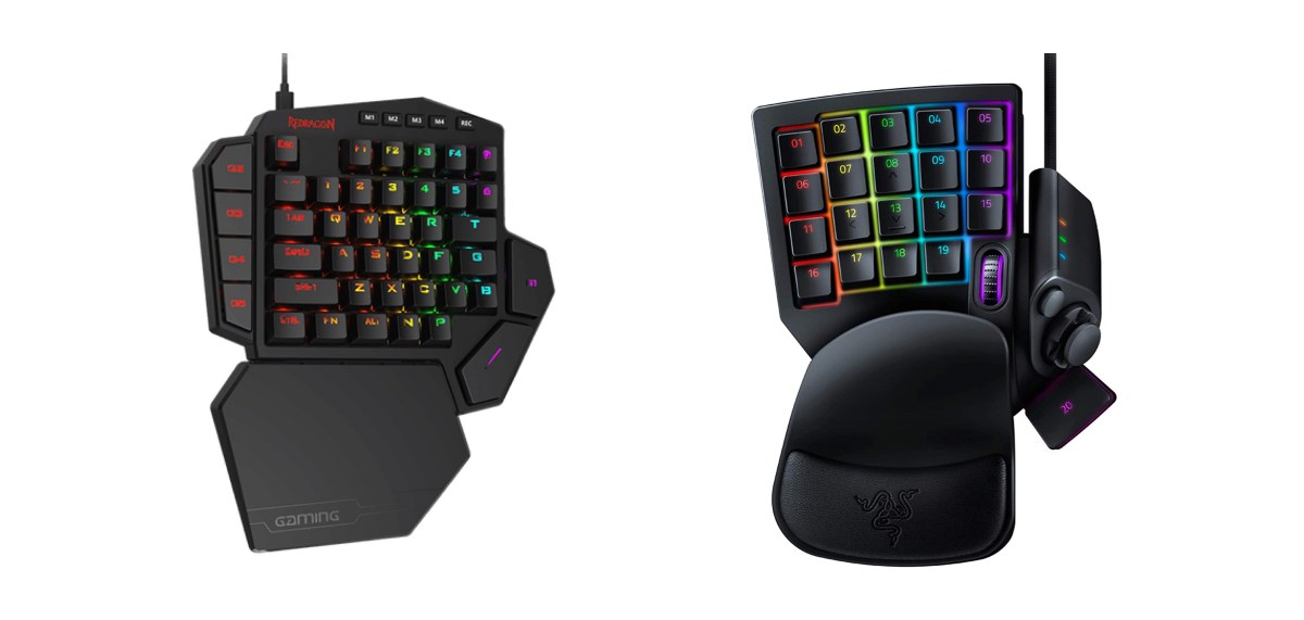 Le clavier mécanique Redragon K585 DITI (à gauche) et le clavier à membrane Razer Tartarus V2 (à droite). Sources : redragonzone.com et razer.com
