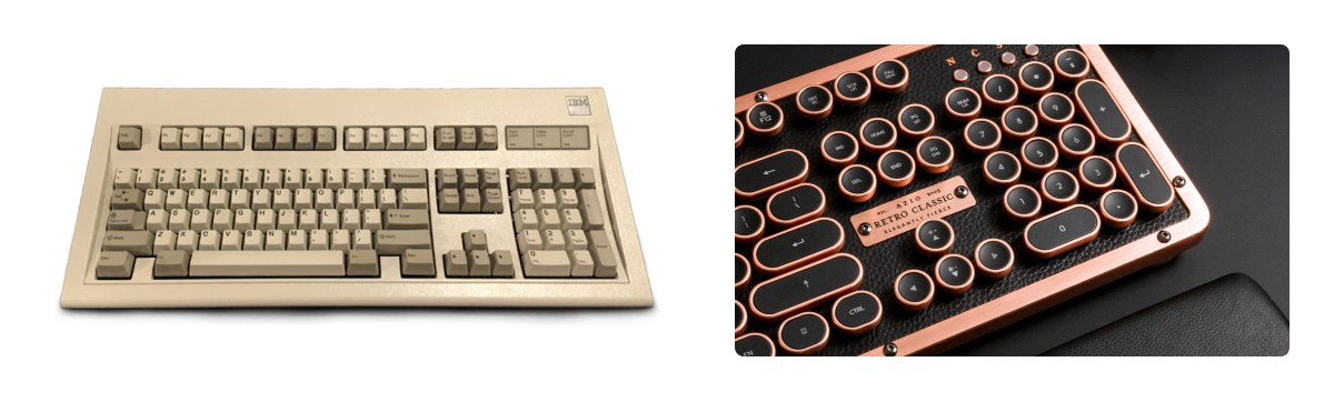 Mechanical keyboards The IBM model M keyboard produced in 1986 (left) and the Azio keyboard in leather and aluminum (right). Sources: wikimedia.org and ca-aziocorp.glopalstore.com