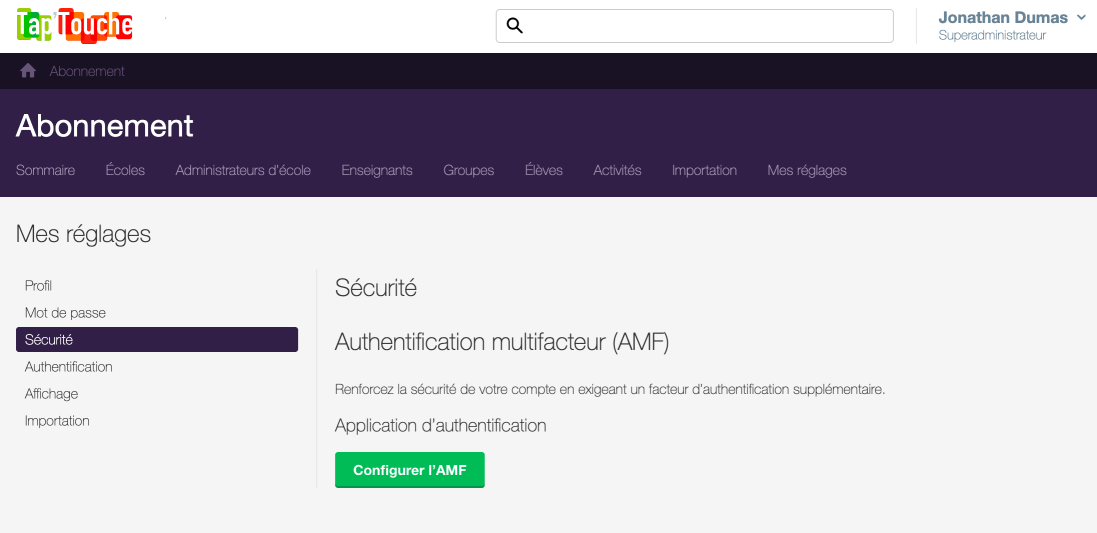 Configuration de l’AMF à partir de _Mes réglages_ dans l’interface de gestion