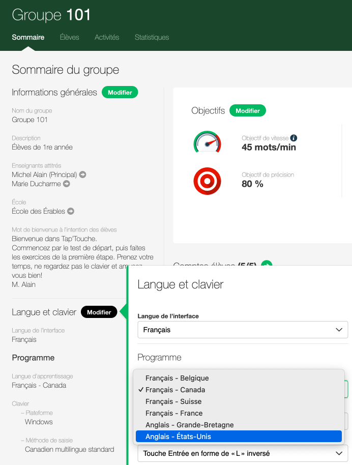 Modification de la langue d’apprentissage dans le _Sommaire du groupe_