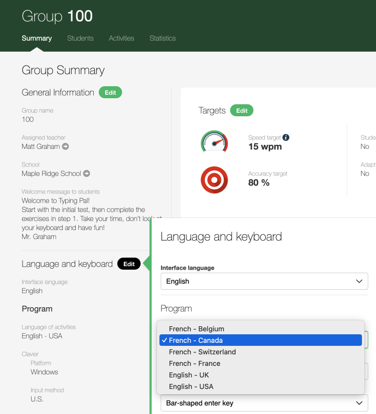 Changing the language of activities in the _Group Summary_